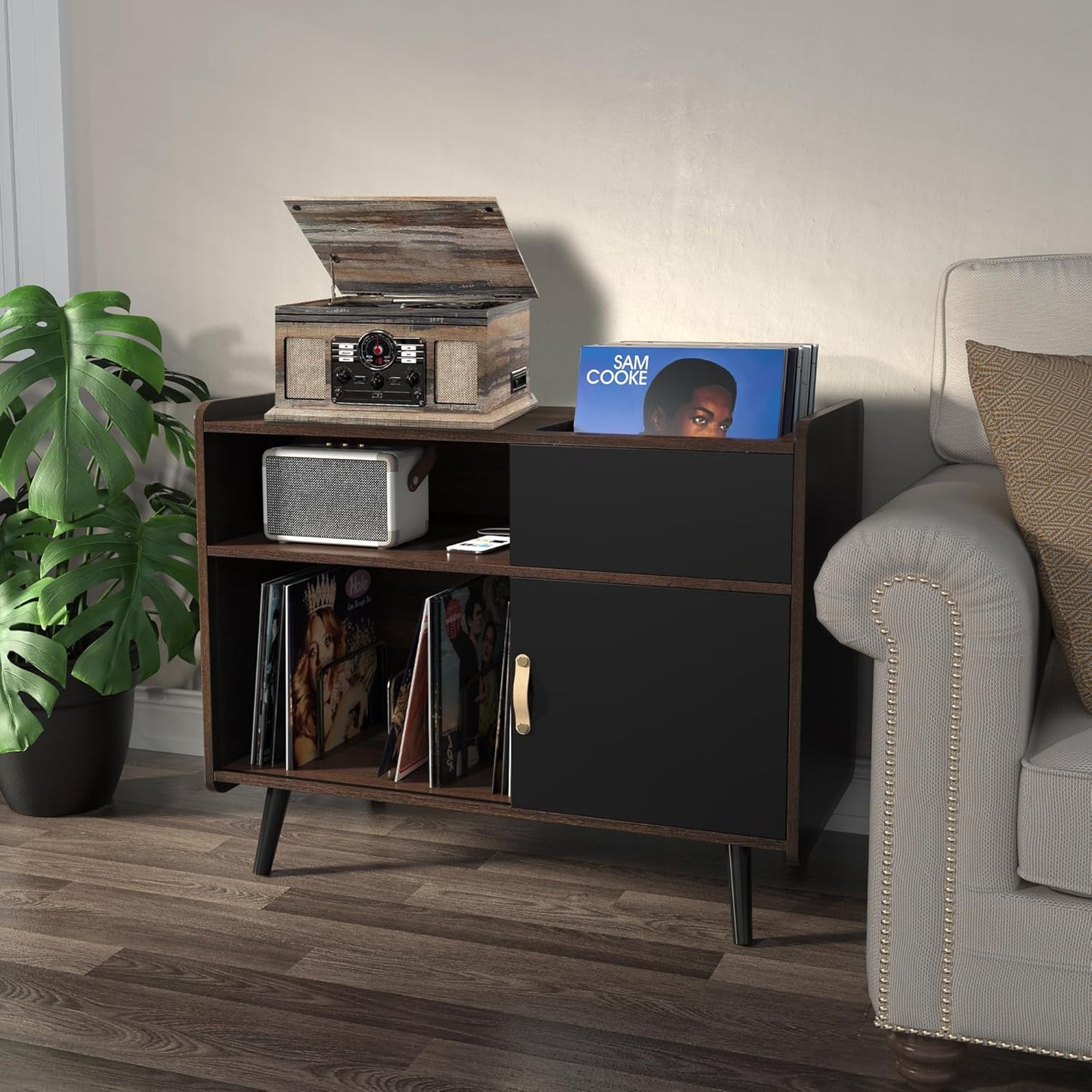 HSP Large Record Player Stand Vinyl Record Storage Cabinet with Power Outlet Record Player Table Holds up to 350 Albums Turntable Stand with Timber Legs
