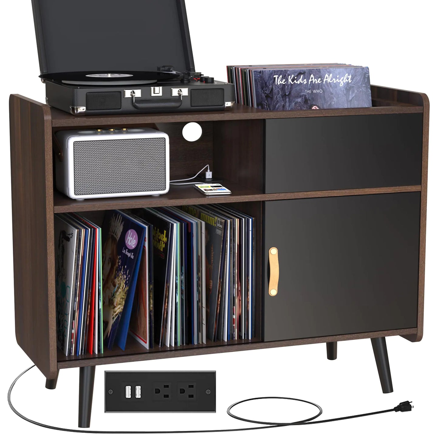 HSP Large Record Player Stand Vinyl Record Storage Cabinet with Power Outlet Record Player Table Holds up to 350 Albums Turntable Stand with Timber Legs