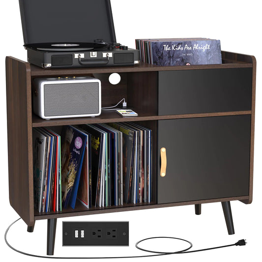 HSP Large Record Player Stand Vinyl Record Storage Cabinet with Power Outlet Record Player Table Holds up to 350 Albums Turntable Stand with Timber Legs