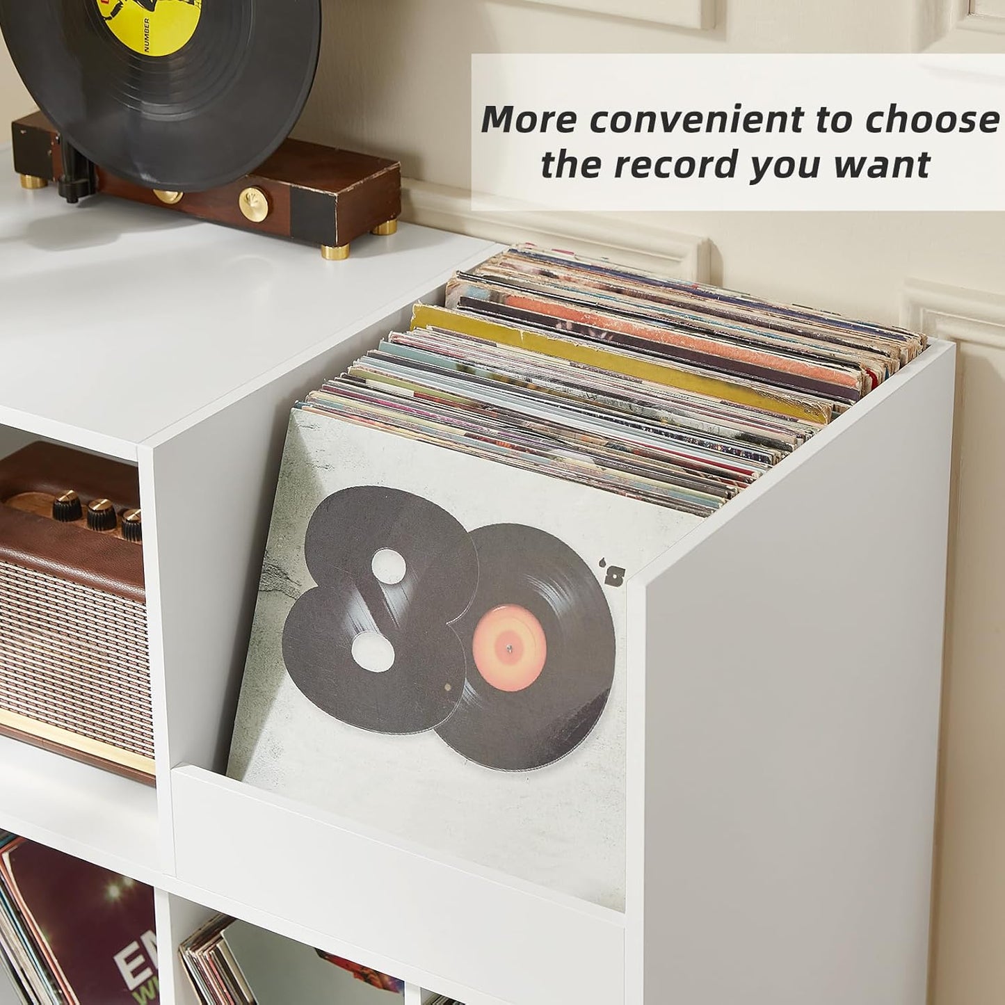 HSP White Record Player Stand Turntable Stand with Storage Vinyl Record Holder with Display Area Record Player Table Holds Up to 300 Albums Record Stand for Music room Living Room-White