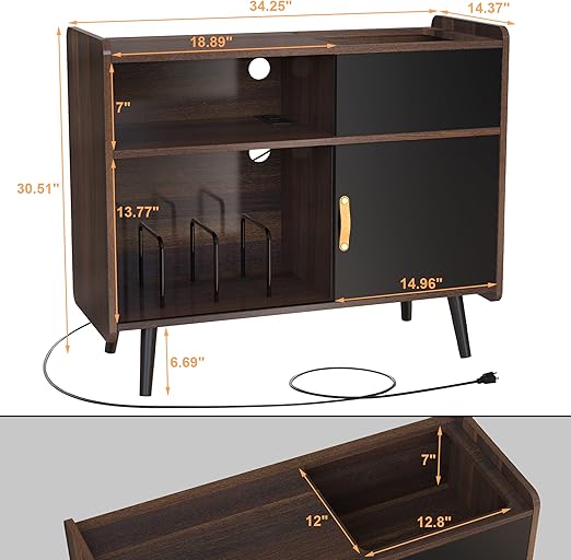 HSP Large Record Player Stand Vinyl Record Storage Cabinet with Power Outlet Record Player Table Holds up to 350 Albums Turntable Stand with Timber Legs