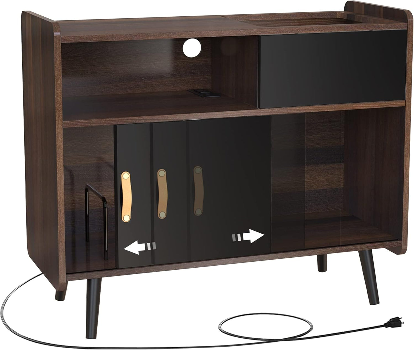 HSP Large Record Player Stand Vinyl Record Storage Cabinet with Power Outlet Record Player Table Holds up to 350 Albums Turntable Stand with Timber Legs