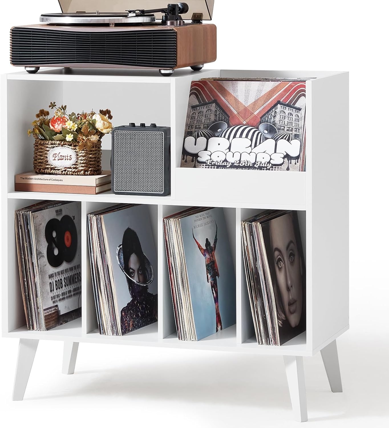 HSP White Record Player Stand Turntable Stand with Storage Vinyl Record Holder with Display Area Record Player Table Holds Up to 300 Albums Record Stand for Music room Living Room-White