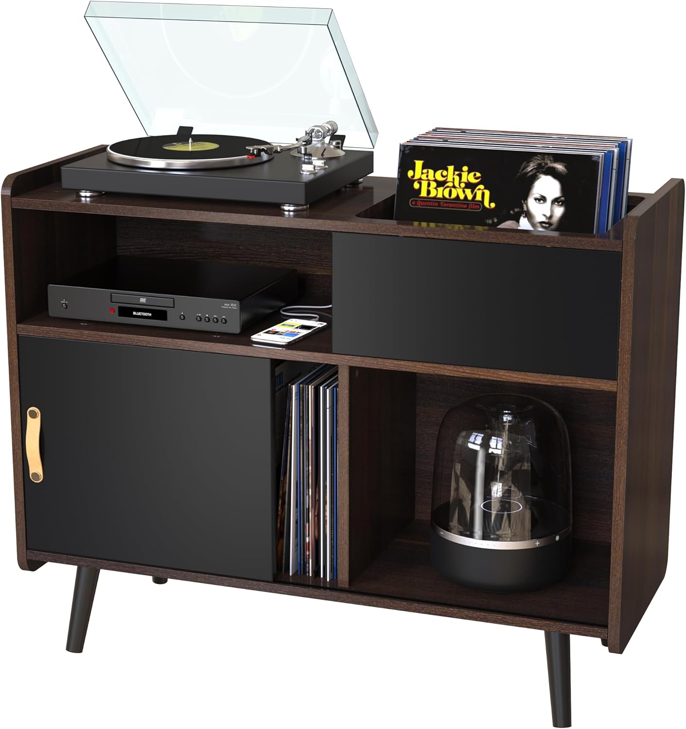 HSP Large Record Player Stand Vinyl Record Storage Cabinet with Power Outlet Record Player Table Holds up to 350 Albums Turntable Stand with Timber Legs