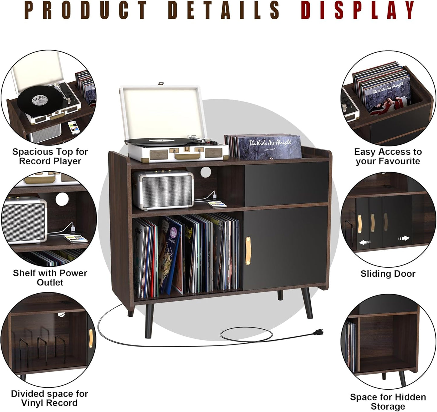 HSP Large Record Player Stand Vinyl Record Storage Cabinet with Power Outlet Record Player Table Holds up to 350 Albums Turntable Stand with Timber Legs