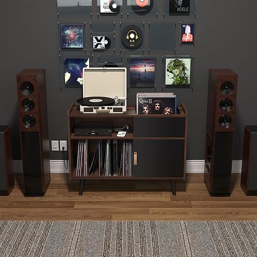 HSP Large Record Player Stand Vinyl Record Storage Cabinet with Power Outlet Record Player Table Holds up to 350 Albums Turntable Stand with Timber Legs
