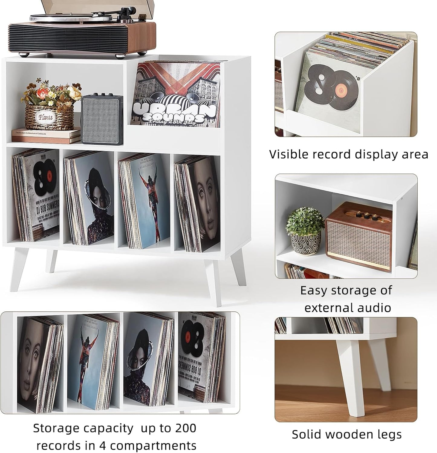 HSP White Record Player Stand Turntable Stand with Storage Vinyl Record Holder with Display Area Record Player Table Holds Up to 300 Albums Record Stand for Music room Living Room-White