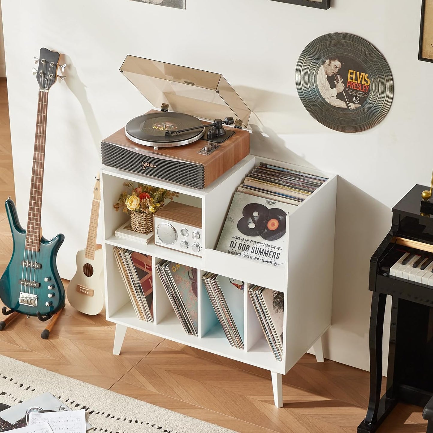 HSP White Record Player Stand Turntable Stand with Storage Vinyl Record Holder with Display Area Record Player Table Holds Up to 300 Albums Record Stand for Music room Living Room-White