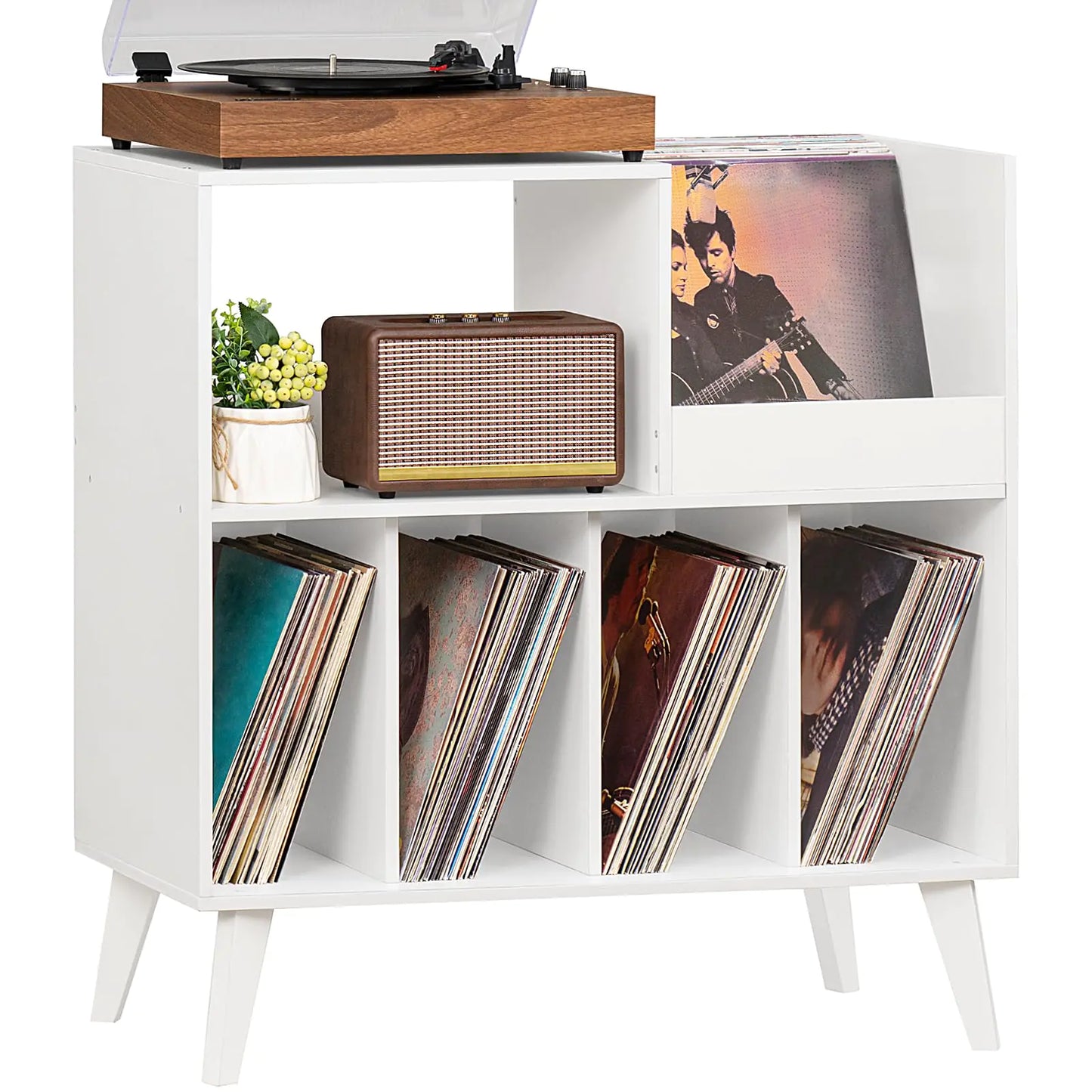 HSP White Record Player Stand Turntable Stand with Storage Vinyl Record Holder with Display Area Record Player Table Holds Up to 300 Albums Record Stand for Music room Living Room-White