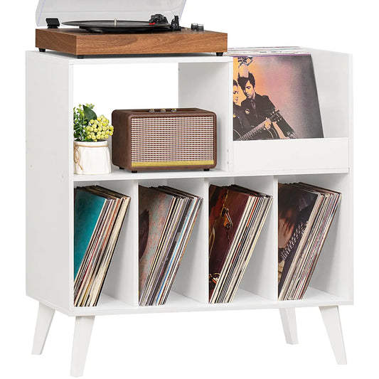 HSP White Record Player Stand Turntable Stand with Storage Vinyl Record Holder with Display Area Record Player Table Holds Up to 300 Albums Record Stand for Music room Living Room-White